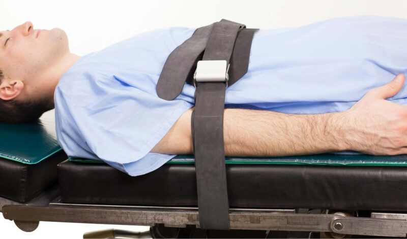 Rubber Patient Restraint Strap with 2 Buckles, BM-96-use_buckled