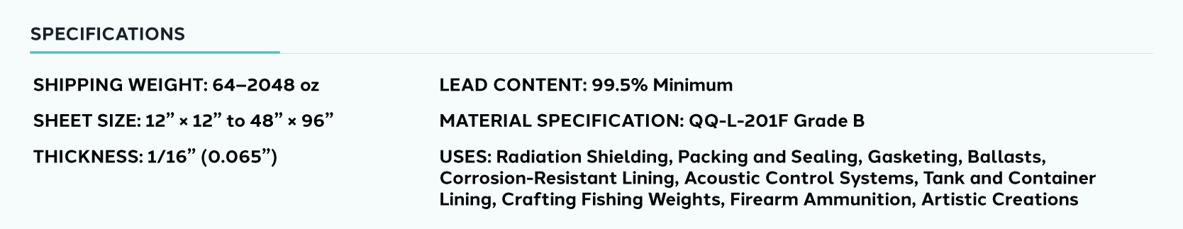 Product information for Lead Sheeting 1/16” Thickness