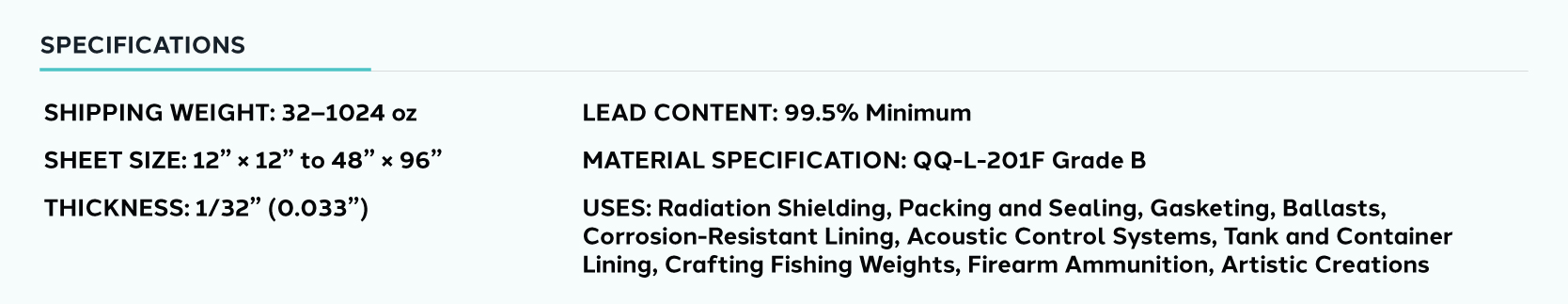Product information for Lead Sheeting 1/32” Thickness