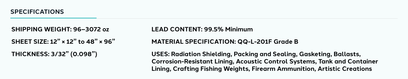 Product information for Lead Sheeting 3/32” Thickness