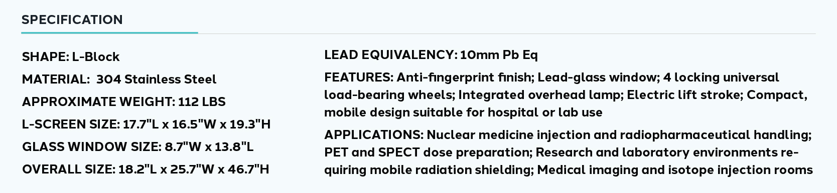 Product information for Mobile Nuclear Medicine Injection Cart with Electric Lift – 10 mm Pb Protection