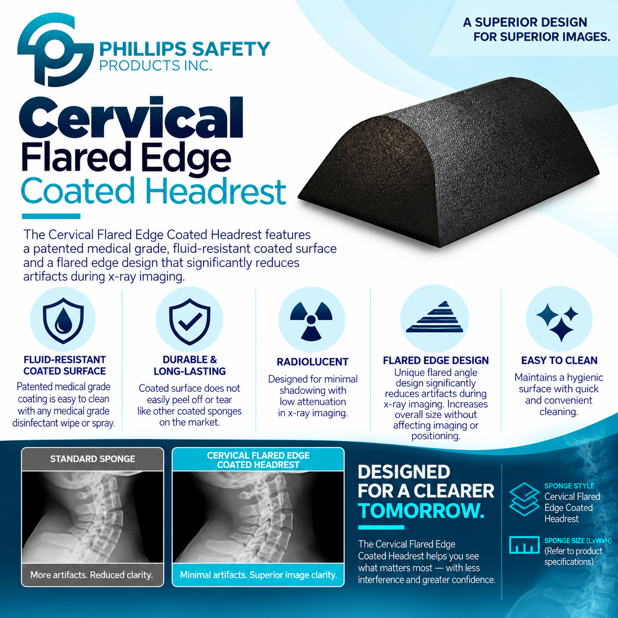 Cervical Flared Edge Coated Headrest. Graphic.