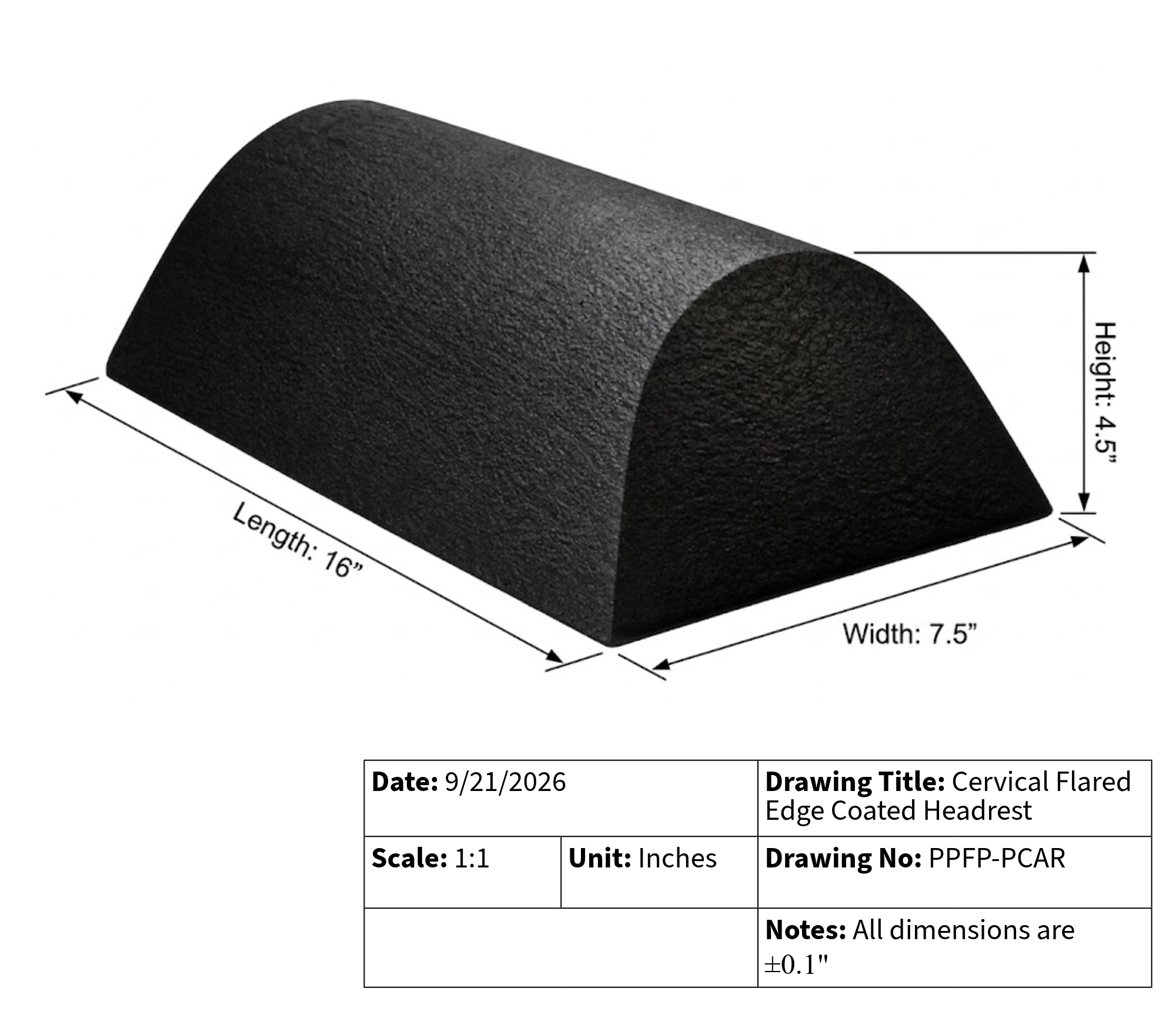 Cervical Flared Edge Coated Headrest. Technical-Drawing.
