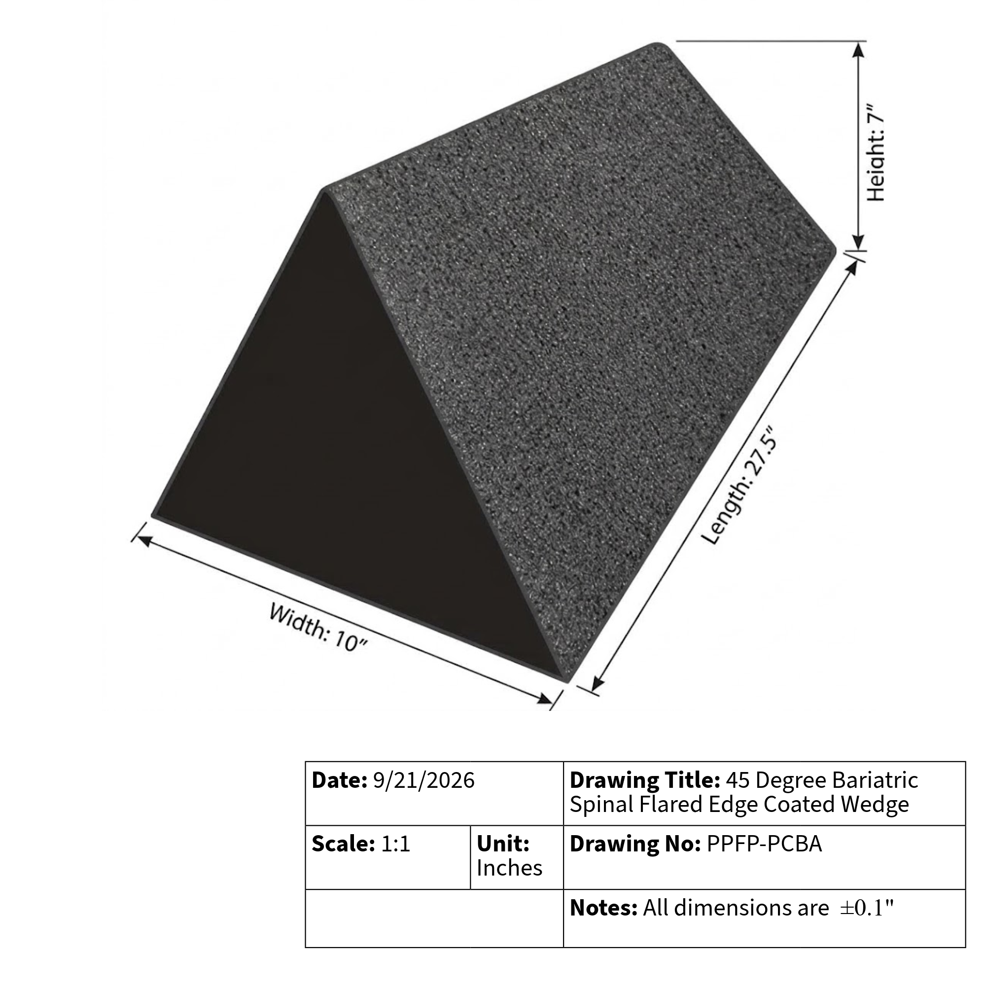 45 Degree Bariatric Spinal Flared Edge Coated Wedge Technical-Drawing.